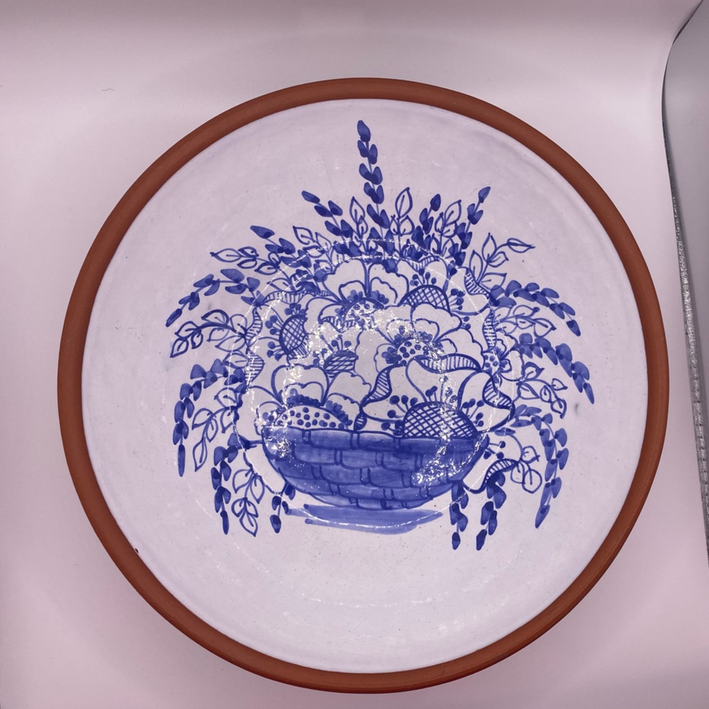 Vintage Portugal Terra Cotta Pottery Bowl Blue Flowers Hand Painted Signed 7.5”